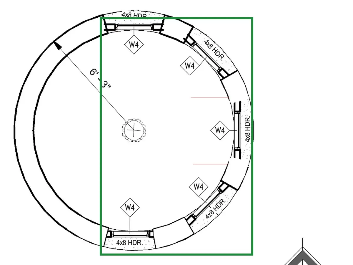 A2.3 · rotunda key plan, boxed in green where it shows what belongs there: The rotunda key plan (A2.3) puts all five of the tower's windows on the courtyard half, behind this camera, so this side is plain plaster.