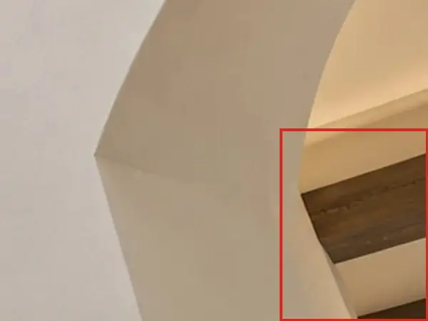 Rotunda, looking up, as first drawn, the mistake boxed in red: Wood ceiling beams showed through the arch to the hall.