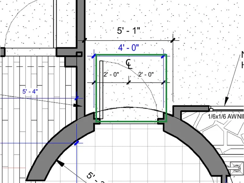 A2.1 · floor plan, boxed in green where it shows what belongs there: A2.1 hangs door 2 on its west jamb, swinging north into the garage, so no hinge shows from the rotunda.