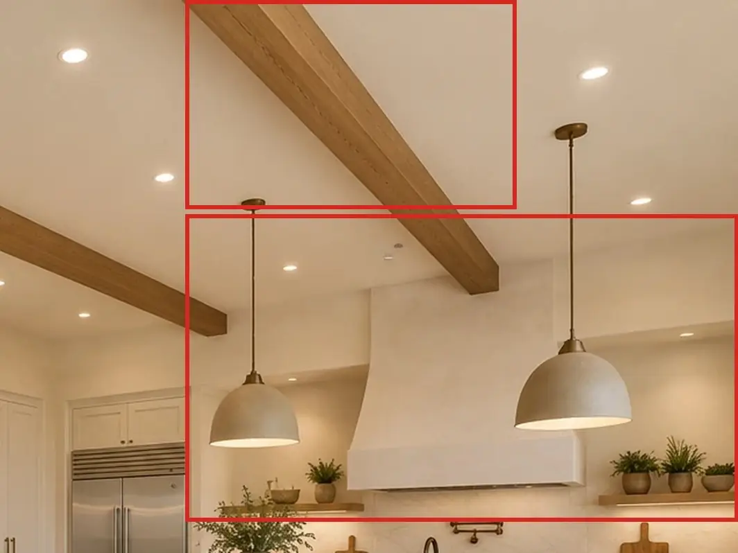 Great room overview, as first drawn, the mistake boxed in red: Wood beams crossed the ceiling, and the kitchen wasn't the approved kitchen: open shelves beside the hood, two cream pendants, and no small windows high on the wall.