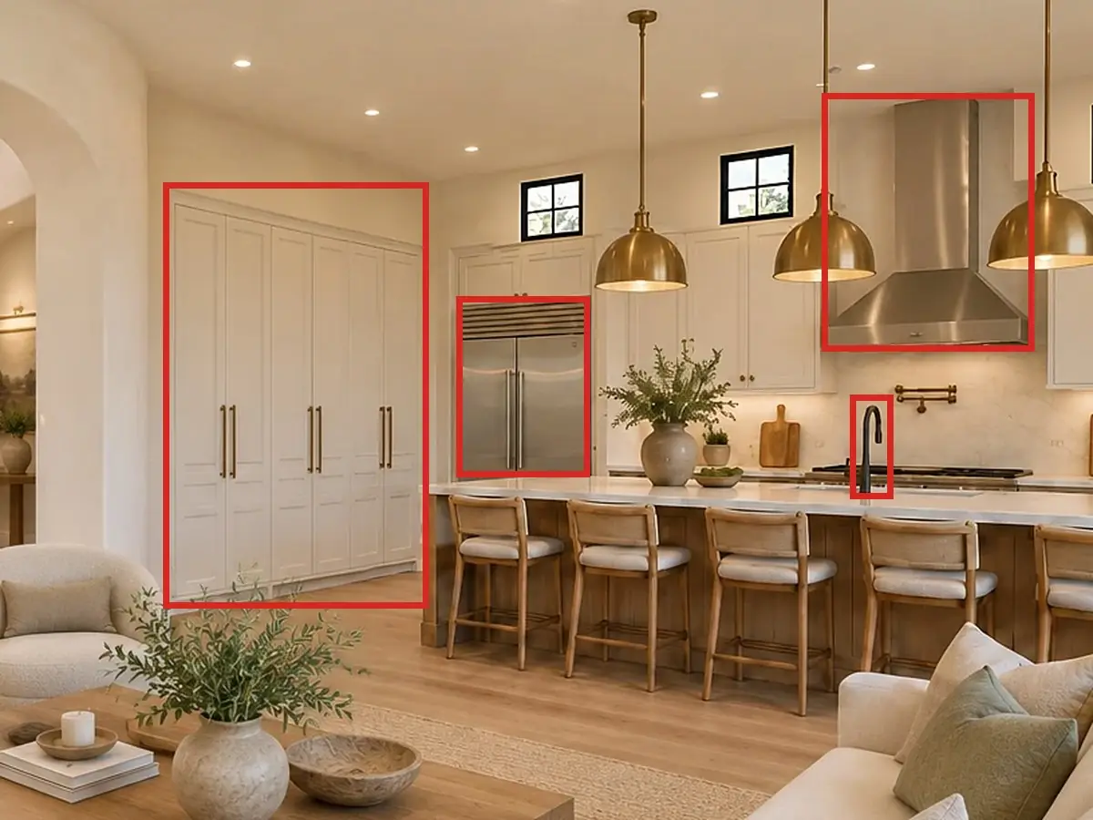 Great room overview, as first drawn, the mistake boxed in red: A run of floor-to-ceiling cabinets filled the kitchen's side wall, and the chimney, faucet and refrigerator weren't the approved kitchen's.