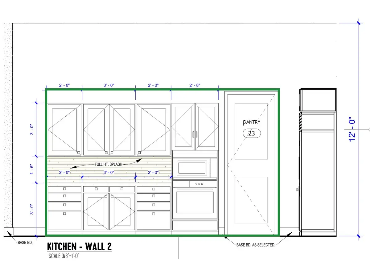 A2.2 · kitchen wall 2, boxed in green where it shows what belongs there: A2.2's kitchen wall 2: a counter with upper cabinets, the oven and microwave tower, then the pantry door beside the refrigerator. The approved kitchen (04) has a plaster chimney, a brass faucet and a dispenser on the refrigerator.