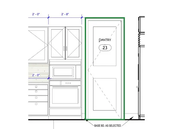 A2.2 · kitchen wall 2, boxed in green where it shows what belongs there: A2.2's kitchen wall 2 hinges the pantry door (23) on its left, beside the oven tower, so its lever belongs on the right edge.
