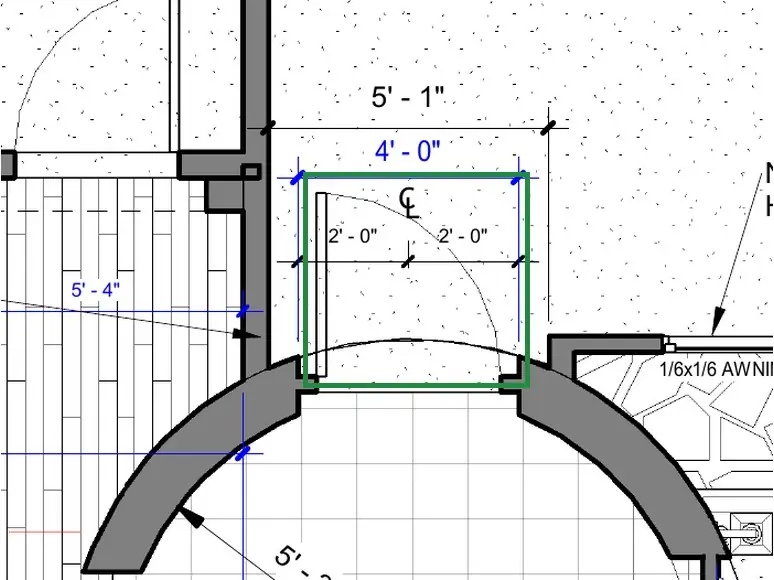 A2.1 · floor plan, boxed in green where it shows what belongs there: A2.1 hangs door 2 on its west jamb, swinging into the garage: from here, the lever on the right and no hinges showing.