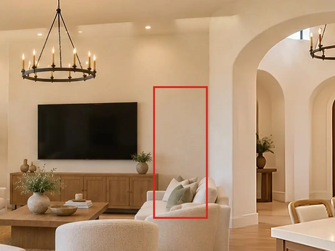 Great room toward the TV wall, as first drawn, the mistake boxed in red: No door at the right end of the TV wall: the wall ran straight into the entry's arch.