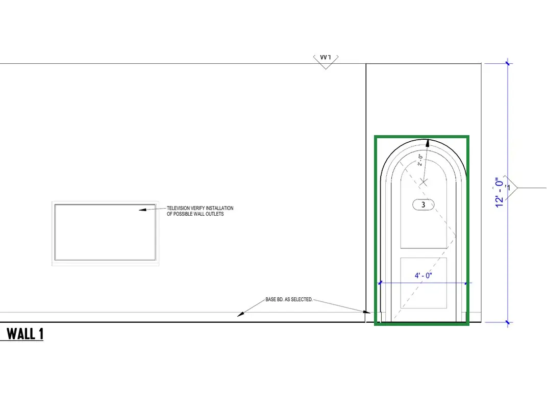 A2.2 · great room wall 1, boxed in green where it shows what belongs there: A2.2's great room wall 1 ends in door 3, the primary bedroom's round-top door, just before the entry's curved wall; A2.1 draws it there, and 15 shows it.