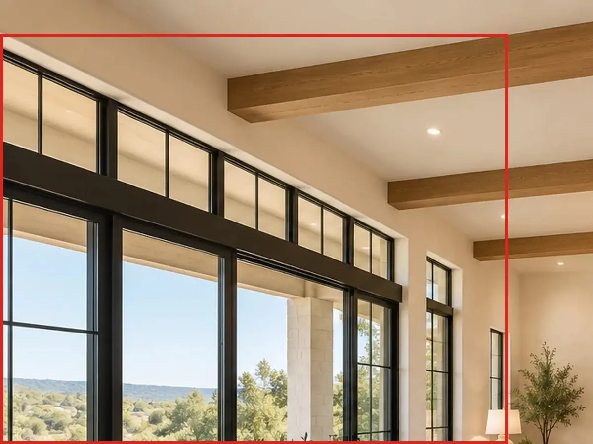 Great room toward the TV wall, as first drawn, the mistake boxed in red: The back wall was one long wall of glass.