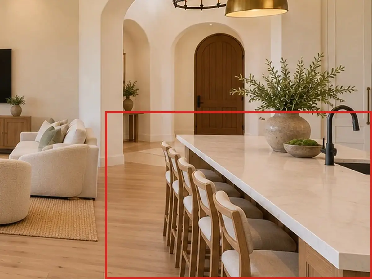 Great room toward the TV wall, as first drawn, the mistake boxed in red: The island ran away from the camera, its stools facing the dining table.