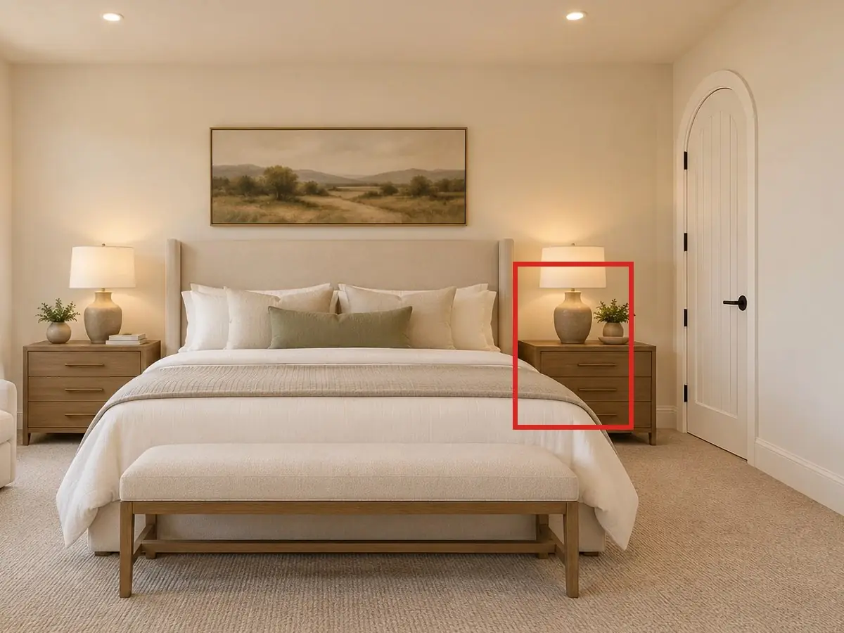 Primary bedroom, as first drawn, the mistake boxed in red: The right nightstand stood in the arched door's swing: the door would hit it after opening about 20 degrees.