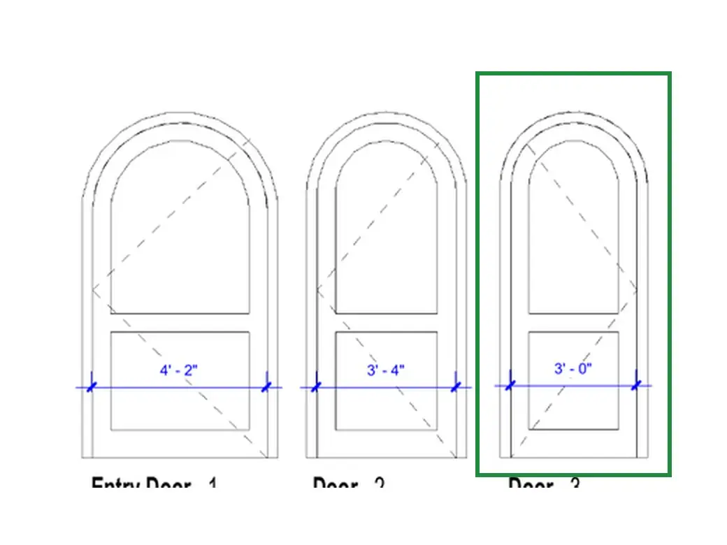 A2.3 · door types, boxed in green where it shows what belongs there: The door schedule (A2.3) makes doors 1, 2 and 3 one round-top type.