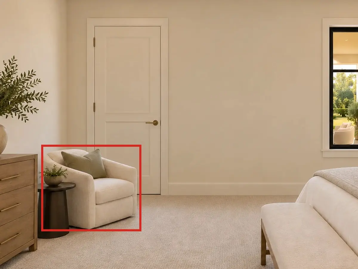 Primary bedroom toward the fireplace, as first drawn, the mistake boxed in red: The armchair and its side table stood right in front of the garden door, which swings into the room: it couldn't open.