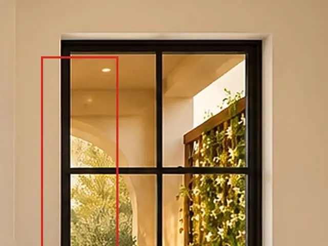 Primary bedroom toward the fireplace, as first drawn, the mistake boxed in red: Through the window, the garden ended in a round arch.