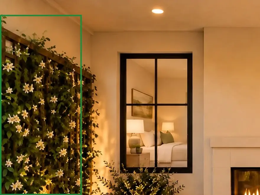 11 · the approved photo, boxed in green where it shows what belongs there: The garden photo (11) shows its walls, the trellis and the chairs.