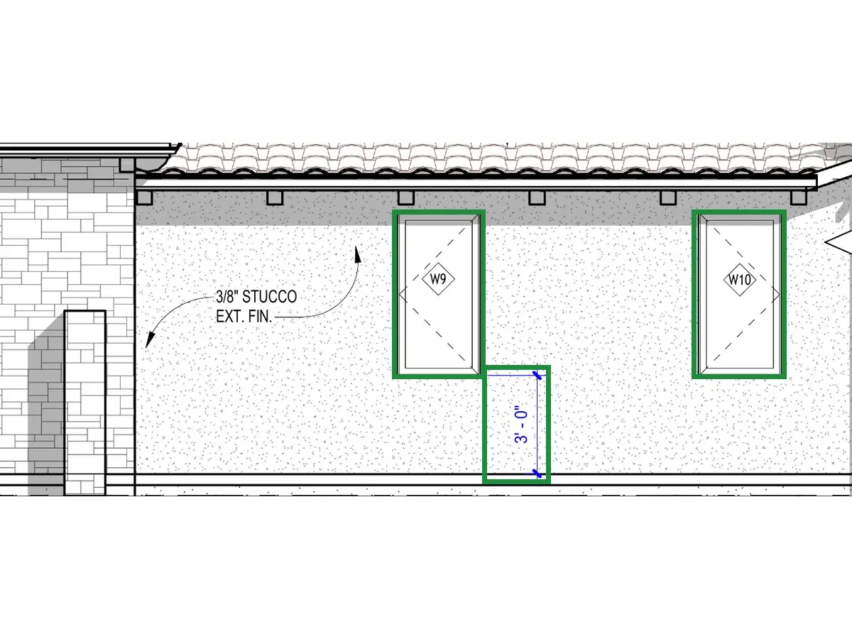 A3.1 · courtyard elevation, boxed in green where it shows what belongs there: 2'-6" x 5'-0" casements with 3-ft sills (A2.3, A3.1), and only these two: past the third arch, A2.1 has solid wall.