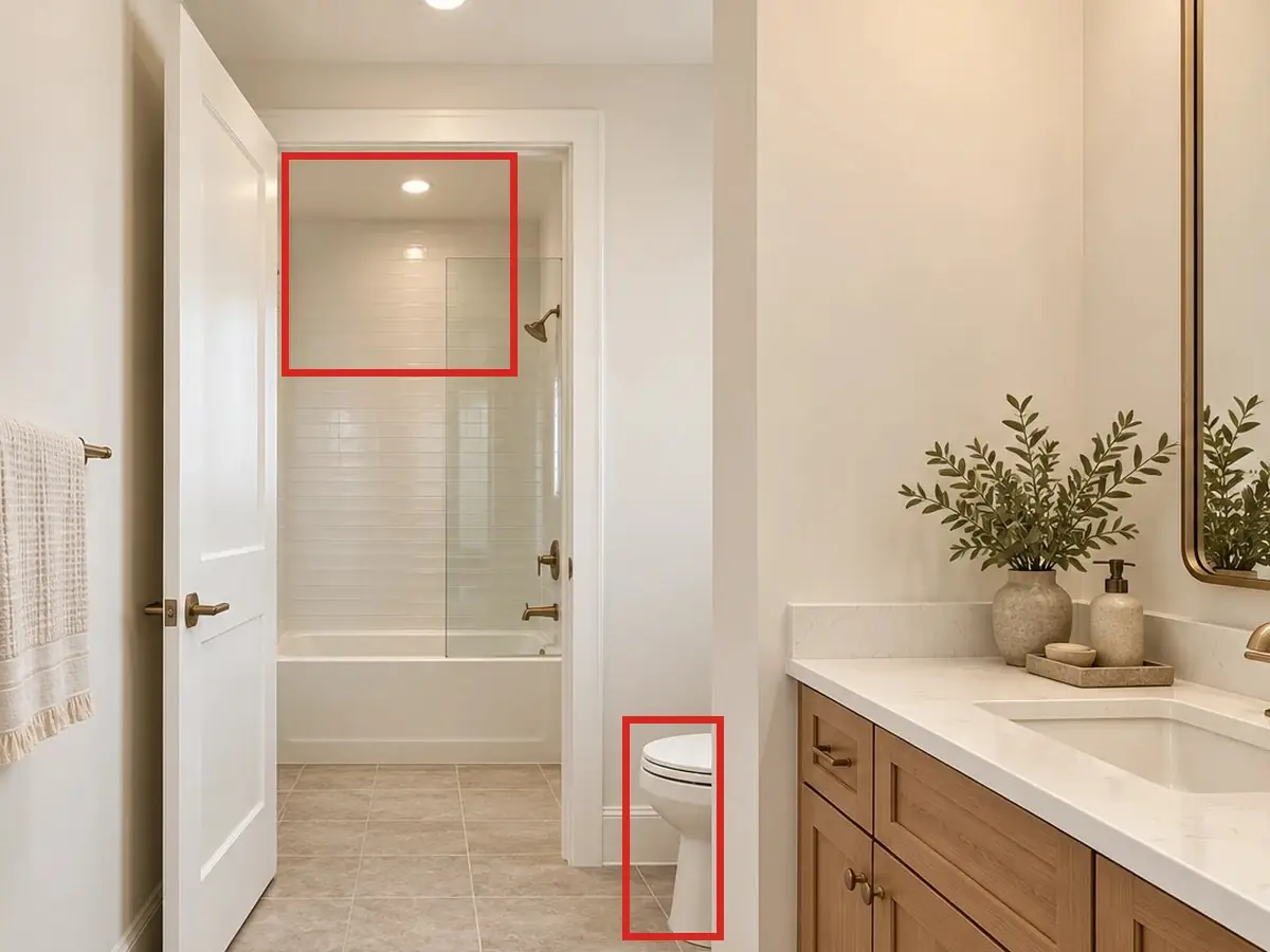 Bath 2, as first drawn, the mistake boxed in red: The toilet stood in a nook in the front part of the bath, beside the vanity, and there was no window over the tub.
