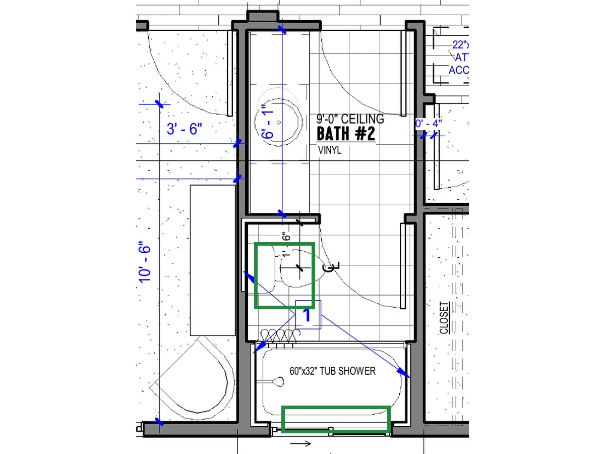 A2.1 · floor plan, boxed in green where it shows what belongs there: A2.1 puts the toilet in the back part, past the inner door, with the tub, and a window over the tub.