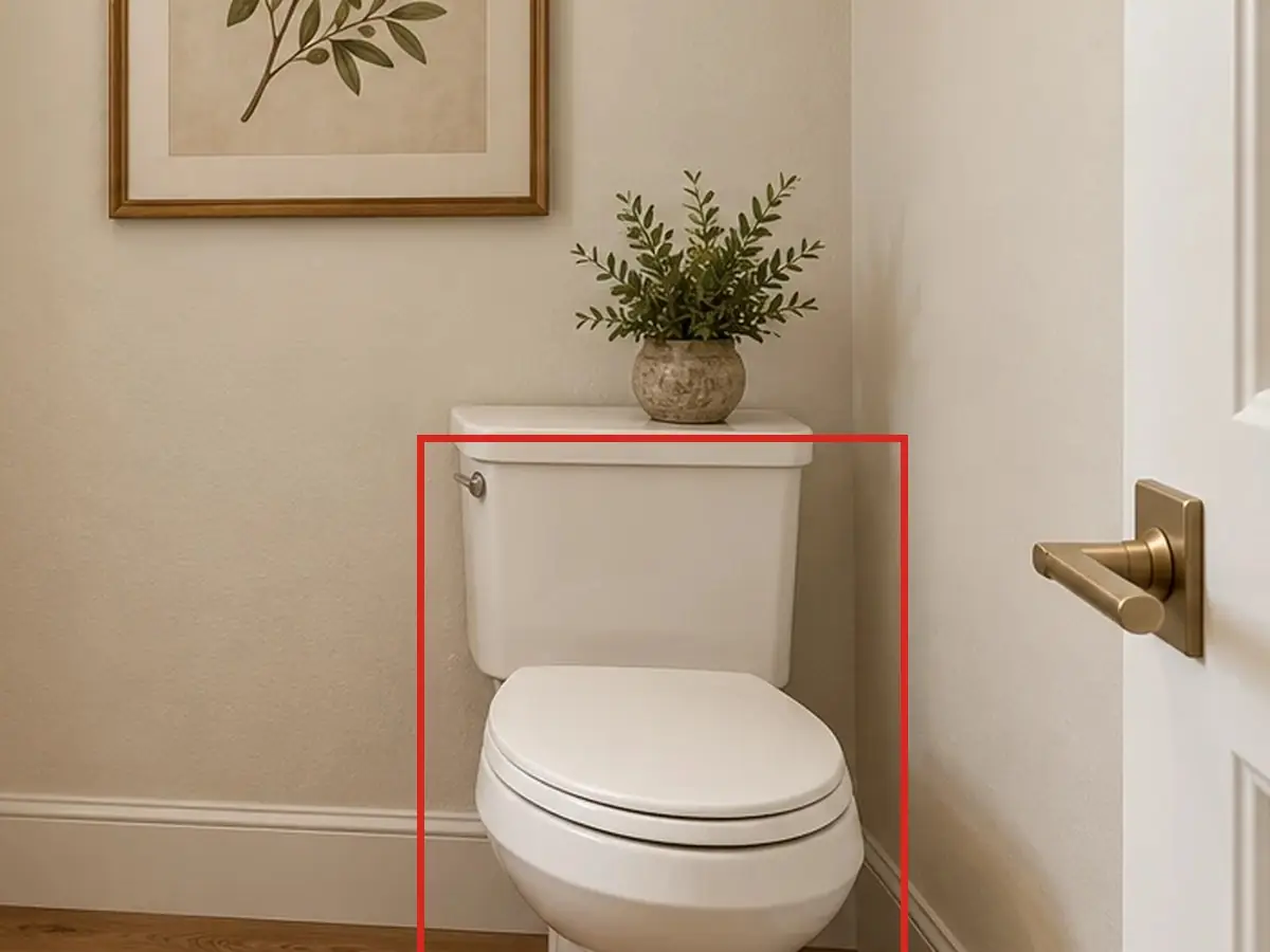 Powder room, as first drawn, the mistake boxed in red: The toilet faced the door, its tank against the far wall.