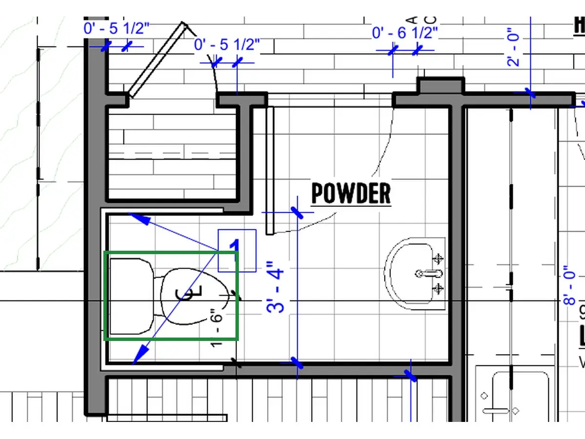 A2.1 · floor plan, boxed in green where it shows what belongs there: On A2.1 its tank is against the right-hand wall and its bowl points toward the sink.