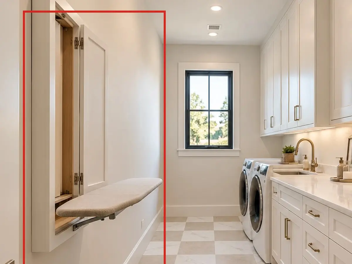 Laundry, as first drawn, the mistake boxed in red: The ironing board stood open right inside the door, its cabinet door lying flat on the wall beside its own opening, hinged where it couldn't swing.