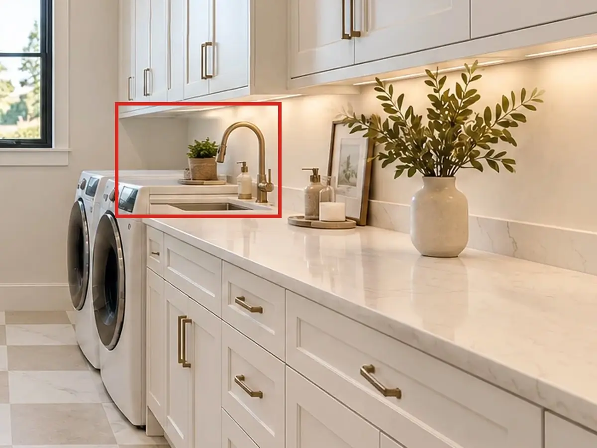 Laundry, as first drawn, the mistake boxed in red: At the far end of the counter, the washer's top ran into a raised ledge, the sink was a thin slot squeezed against the washer, and a plant sat on the washer.