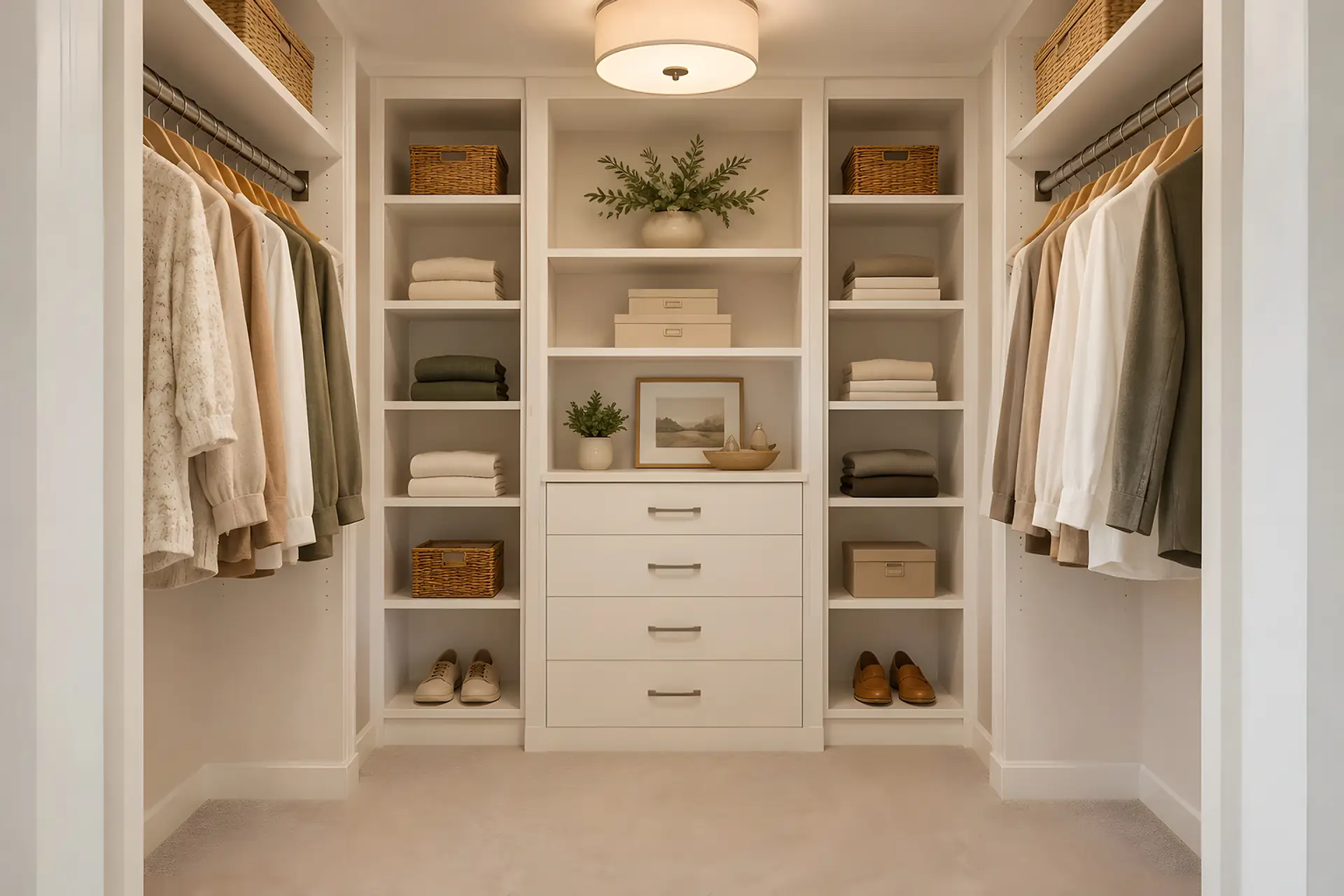 Rendering of the primary walk-in closet: a hanging rod along each side wall, and shelves, baskets and a stack of drawers on the far wall.