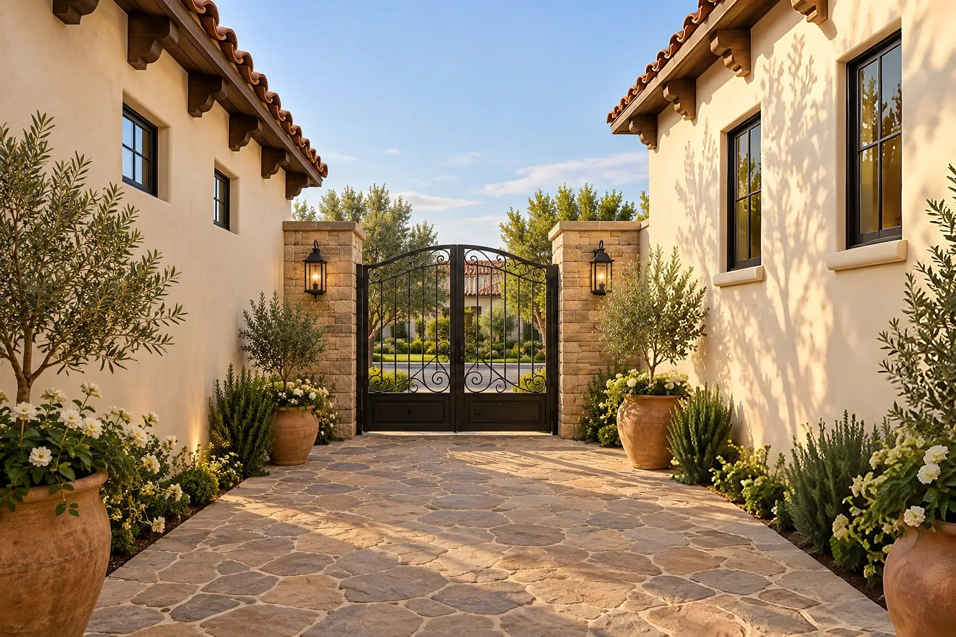 Rendering of the entry courtyard from the front door: flagstone paving between the stucco walls, leading to the closed wrought-iron gate between two stacked-stone piers.