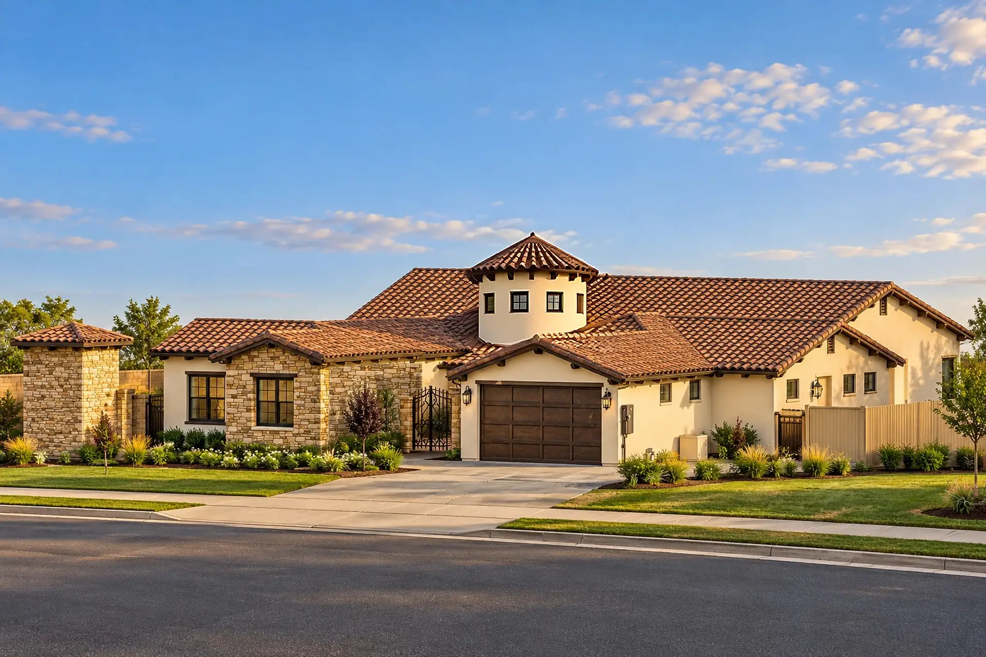 Rendering of the Aria model home from the street corner at golden hour: a single-story Spanish-style home in cream stucco under clay tile roofs, with a stone-clad front gable, a round stucco entry tower rising behind the courtyard gate, and wood garage doors.