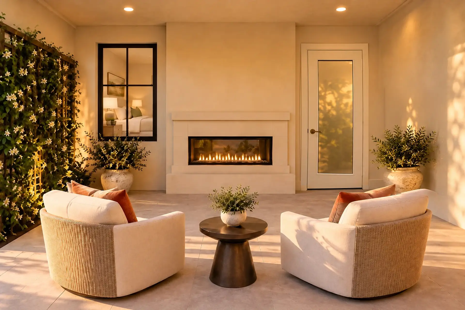 Rendering of the covered private garden: a linear gas fireplace in a cream plaster surround on the bedroom wall, with a window into the primary bedroom on its left and the bedroom's glass-paneled garden door on its right, a potted olive in the corner beyond it, two swivel chairs and a side table in front, and climbing jasmine on a wood trellis.