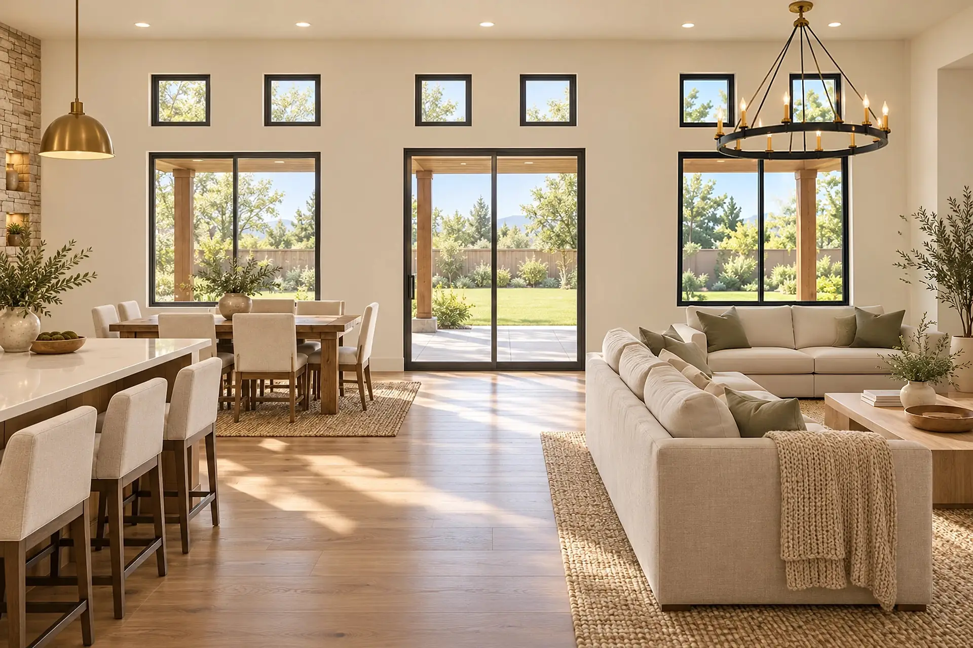 Rendering of the great room toward the covered patio: a sliding glass door between two windows under small square transoms, sofas under an iron candle-ring chandelier facing into the room, and the island's stools in the foreground.