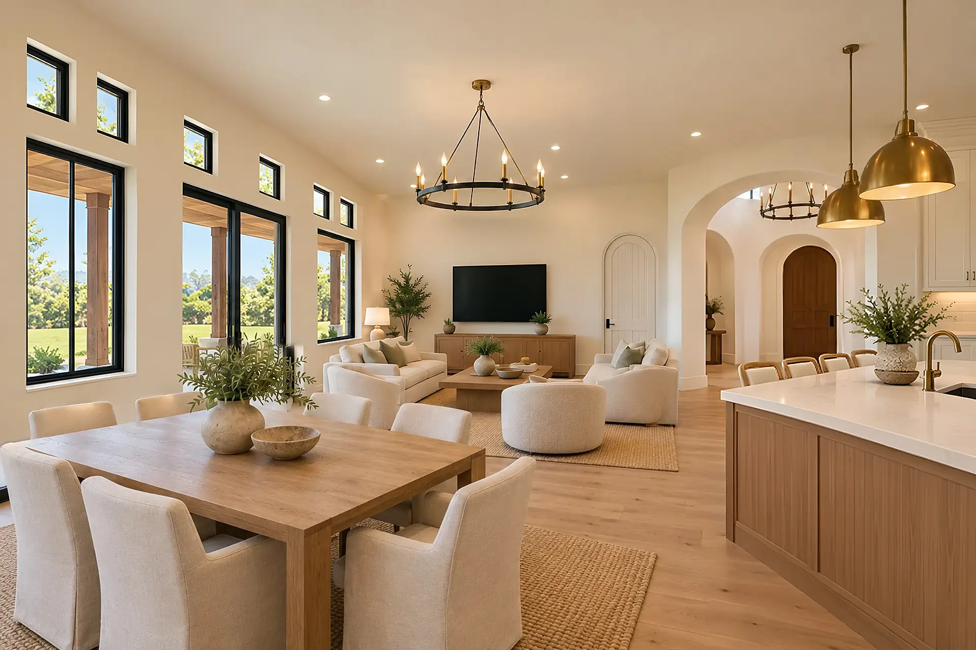 Rendering of the great room from the dining table: black-framed windows and a sliding door down the left wall with small square windows above, the seating area under an iron candle chandelier, facing the TV on the far wall, the arched white door to the primary bedroom at its end, and the kitchen island on the right.