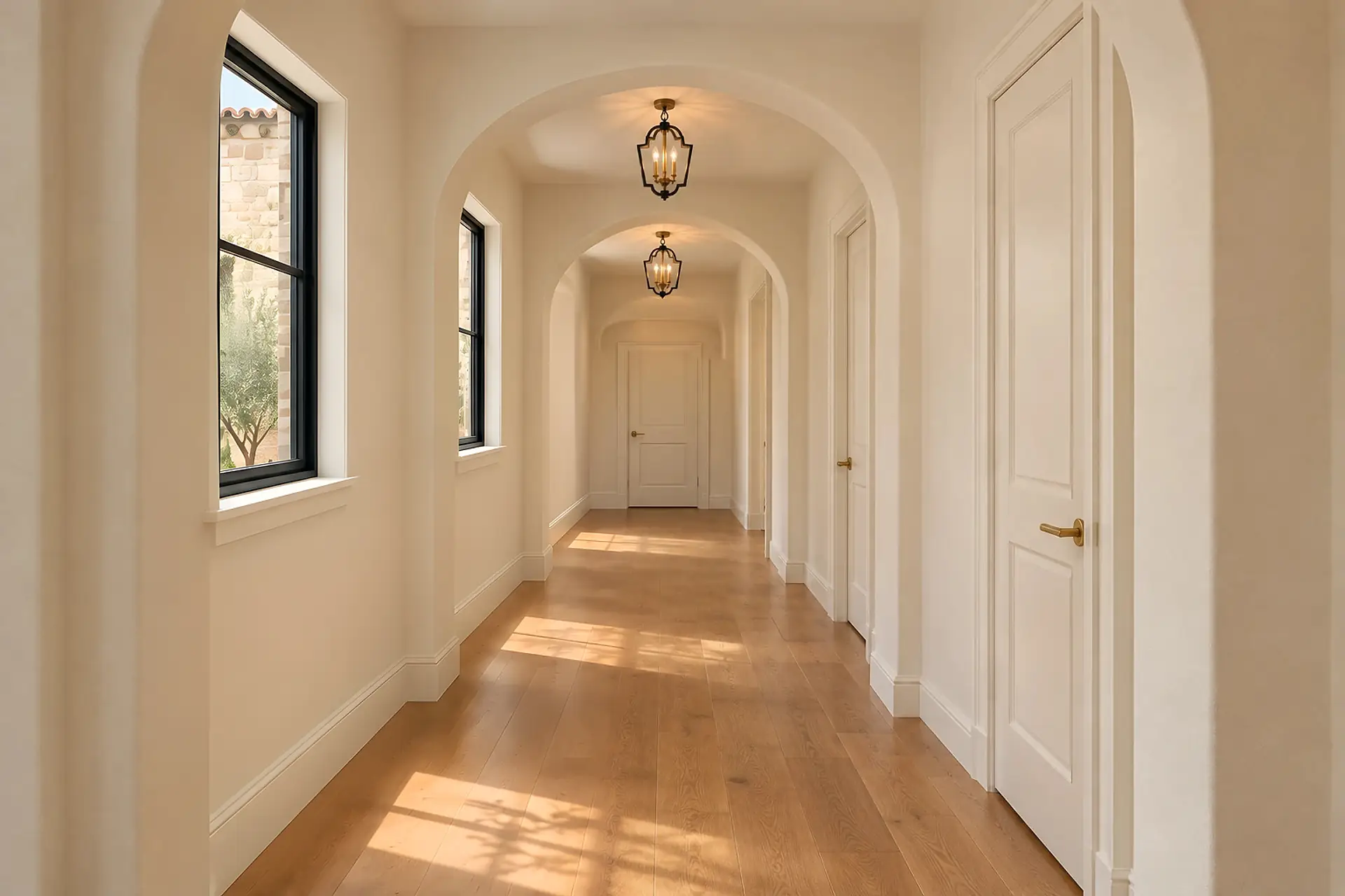 Rendering of the bedroom hall: oak floors, plaster arches down its length with a lantern hanging in each, two windows on the left looking into the courtyard, doors on the right, and one door at the far end.