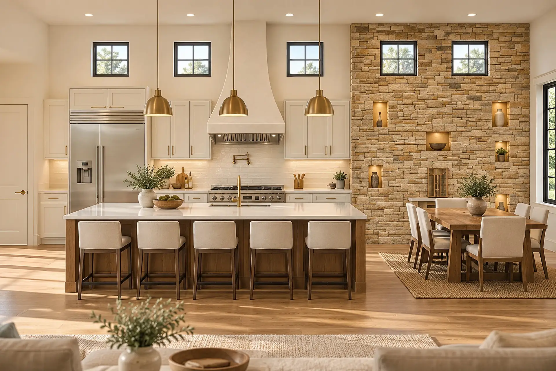 Rendering of the kitchen and dining area: white cabinets, a cream plaster range hood, a built-in refrigerator, a long quartz island with five stools under brass pendants, and the dining table beside a stacked-stone wall with lit niches.
