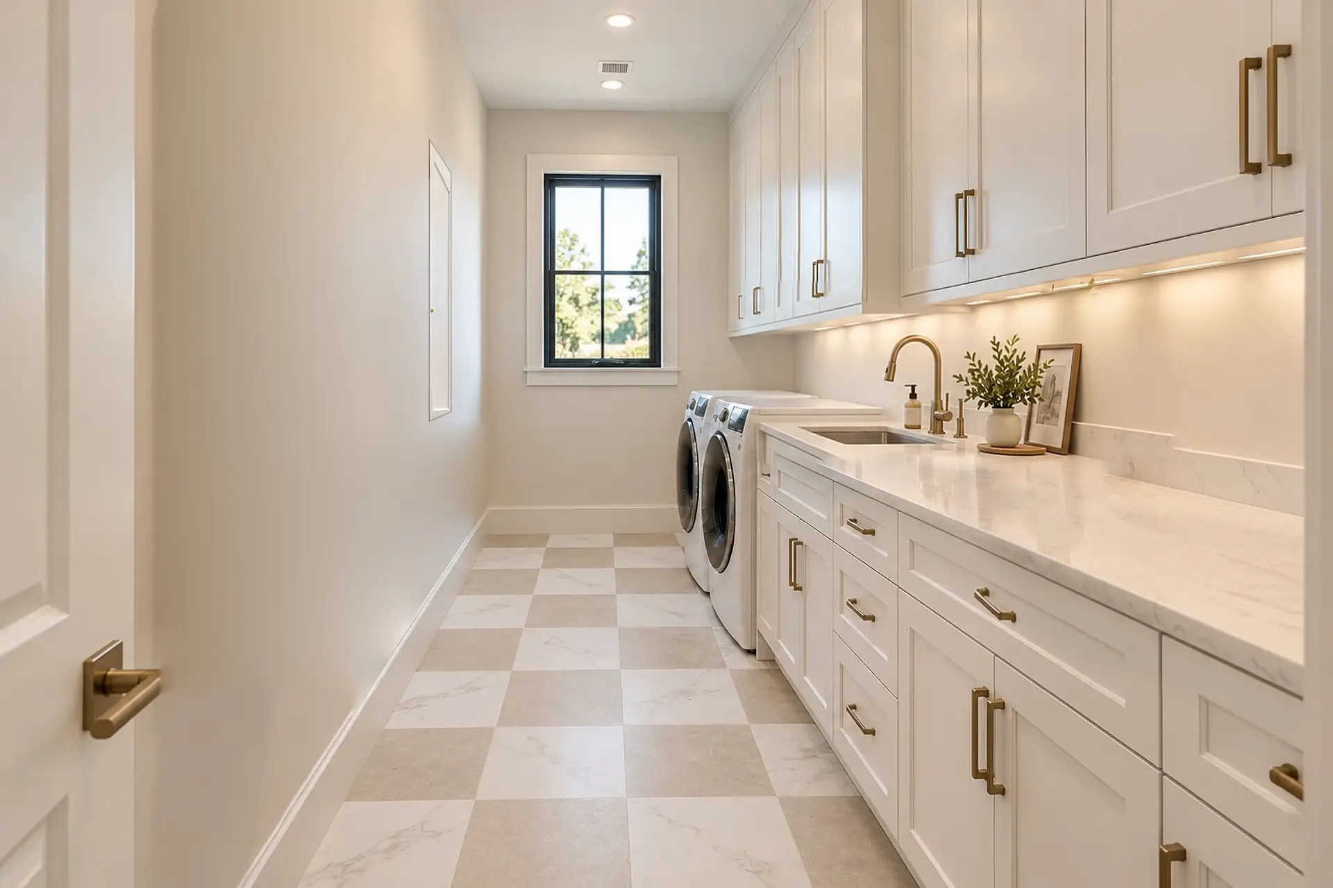 Rendering of the laundry: white cabinets and a quartz counter along the right wall, with the sink set into its far end beside the washer and dryer, an ironing-board cabinet in the left wall, and a window at the end.