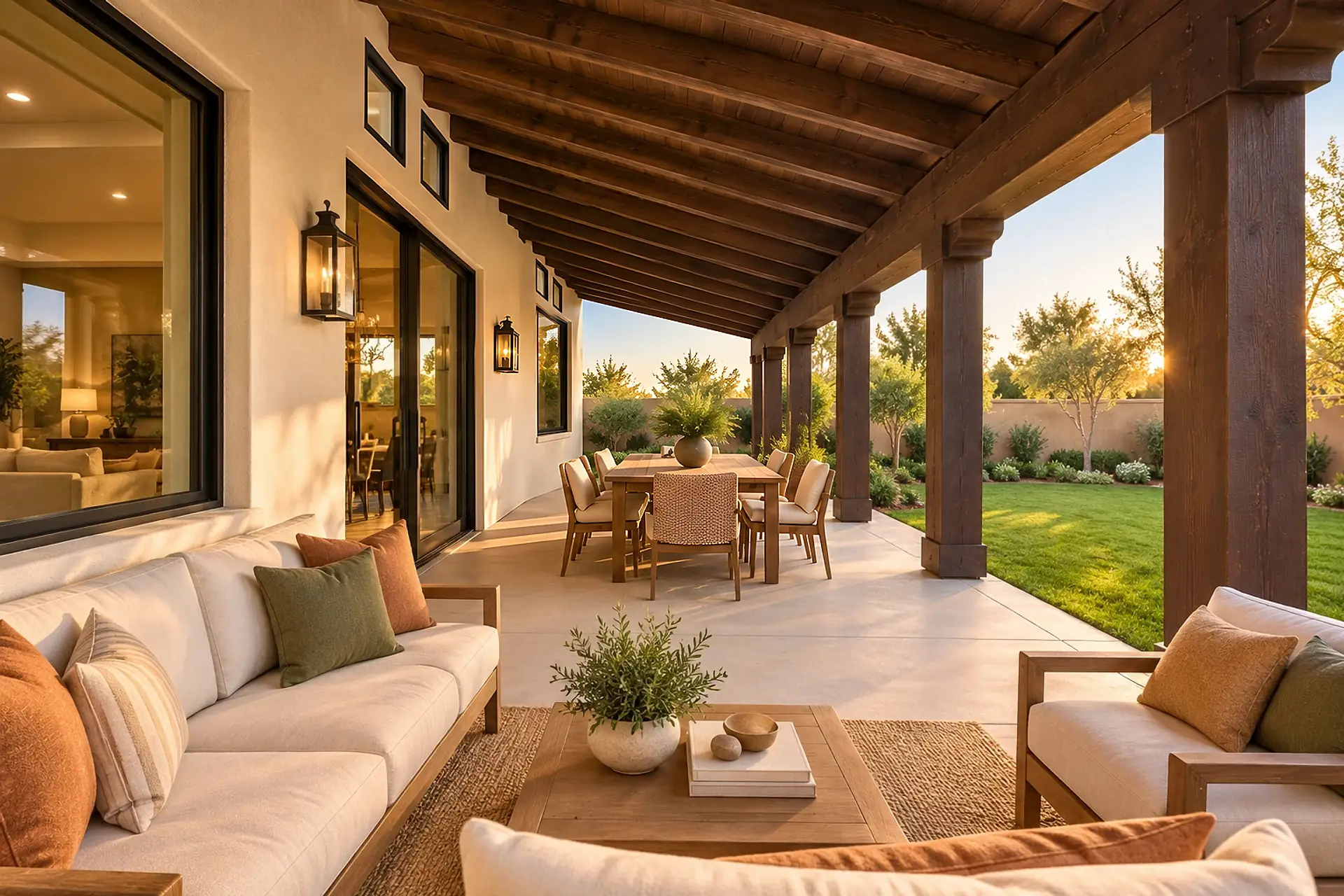 Rendering of the covered back patio: dark wood posts and exposed rafters, an outdoor sofa and coffee table in front, a dining table beyond, and the lawn and garden wall past its open end.
