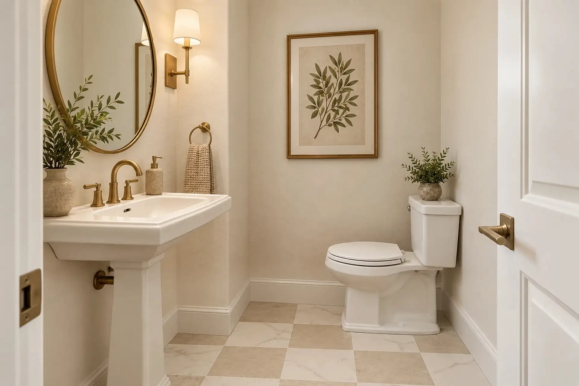 Rendering of the powder room: a pedestal sink under a round brass mirror on the left, and the toilet against the right-hand wall, facing it.
