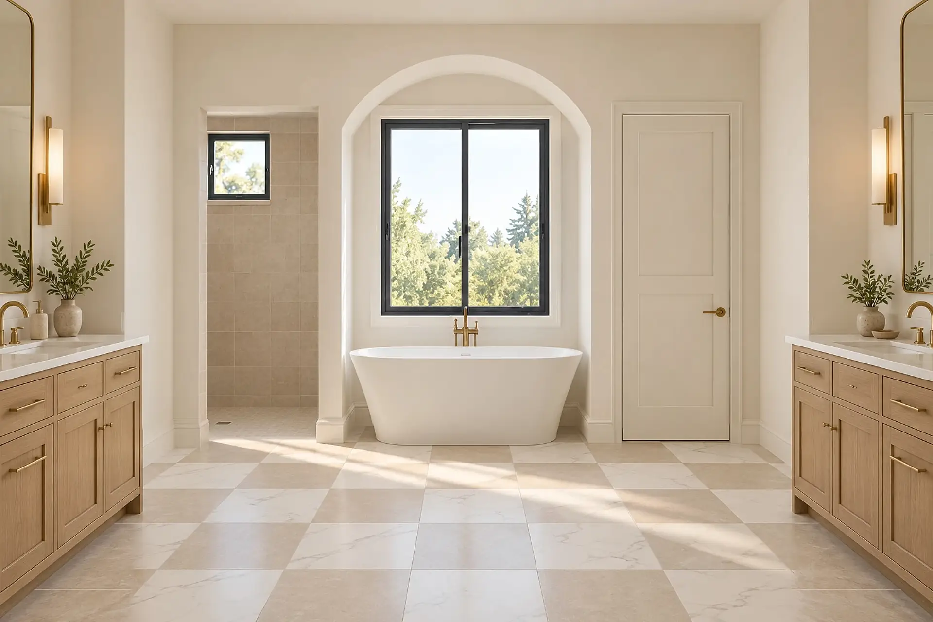 Rendering of the primary bath: a freestanding tub under an arched window, the doorless shower with its small window on the left, a vanity on each side wall, a door on the right, and a checkerboard marble floor.
