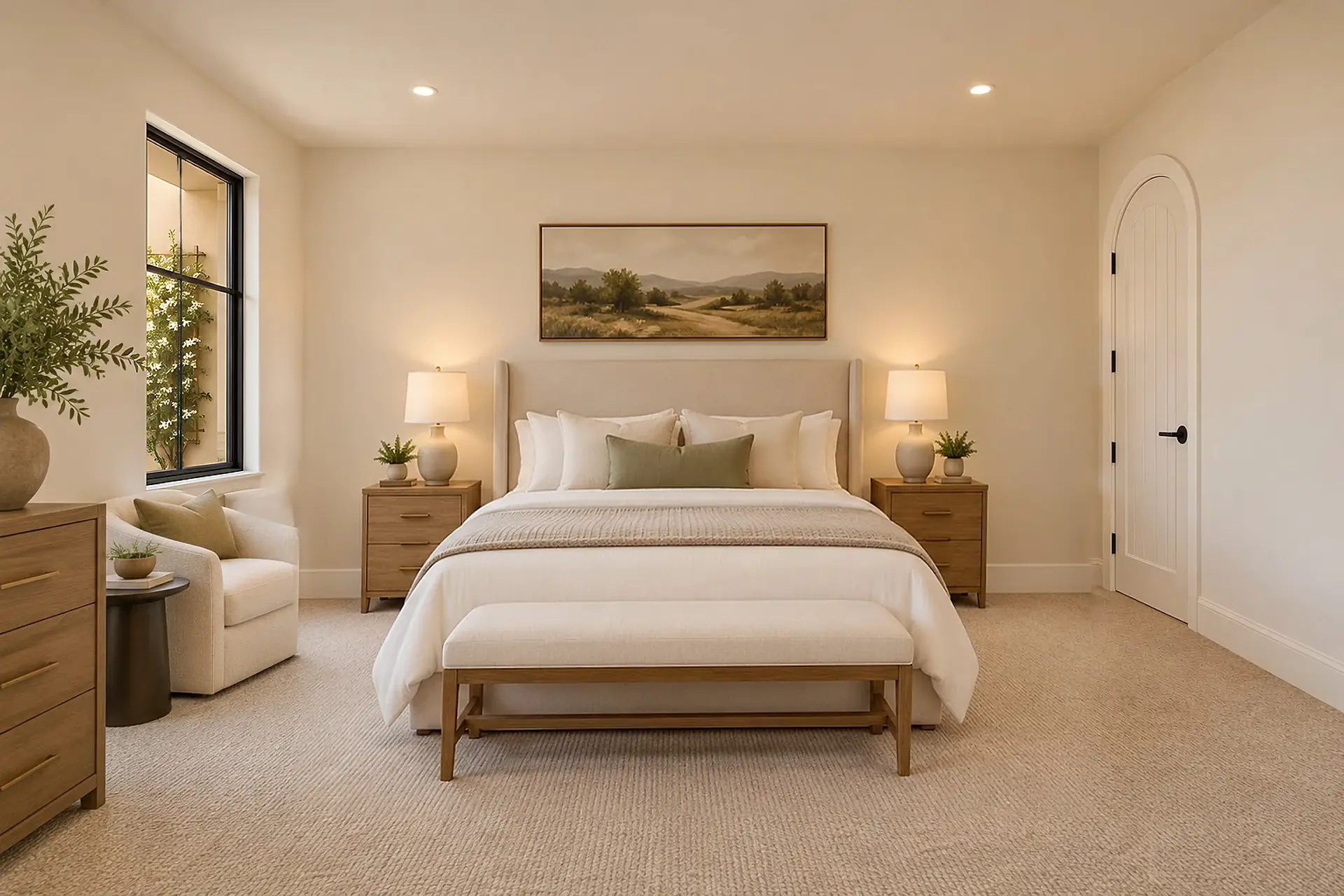 Rendering of the primary bedroom: a king bed with an upholstered headboard between two nightstands, a bench at its foot, a black-framed window on the left wall, and the arched white entry door in the far right corner.