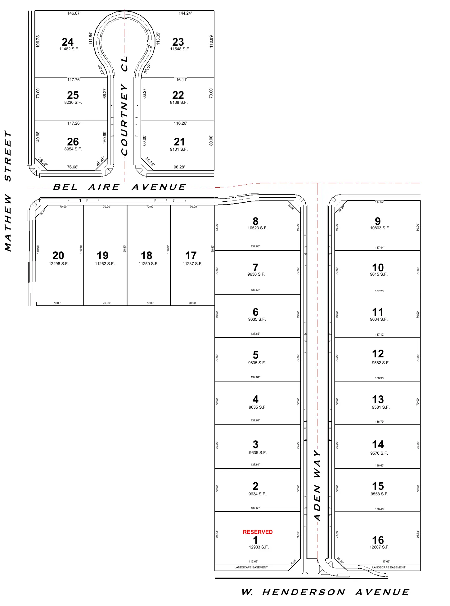 Lot map of the community: 26 numbered lots with their dimensions along three streets and a cul-de-sac.