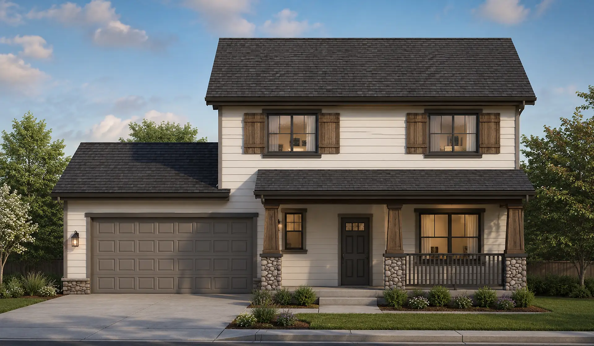 Rendering of a two-story home: cream lap siding, a two-car garage on the left, a covered front porch with tapered wood columns on stone bases, and wood shutters on the upper windows.
