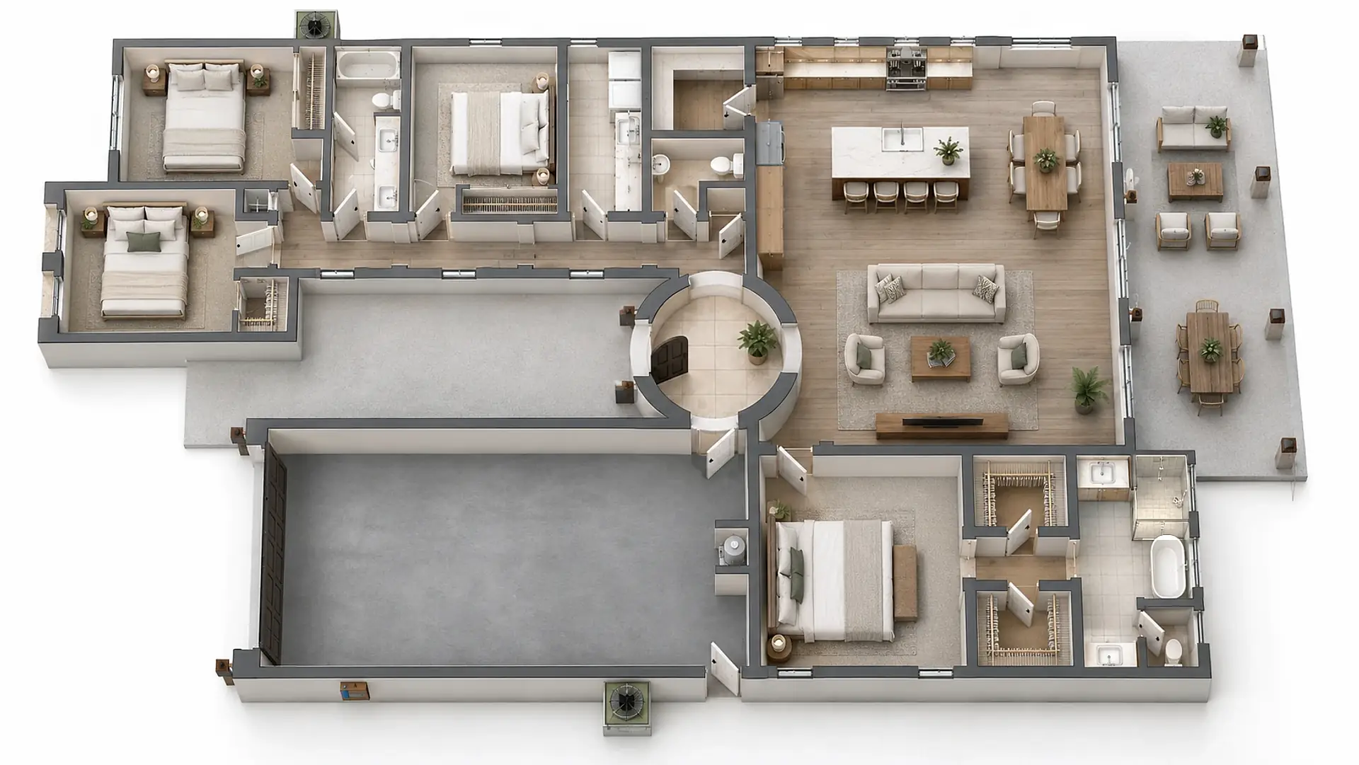 3D floor plan rendering of the Spanish Colonial home, furnished and seen from above with the roof off: the great room with the kitchen island and dining table, the round entry beside the entry courtyard, the garage, the primary suite with its two walk-in closets and bath, three bedrooms and a hall bath along the hall, and the covered patio.