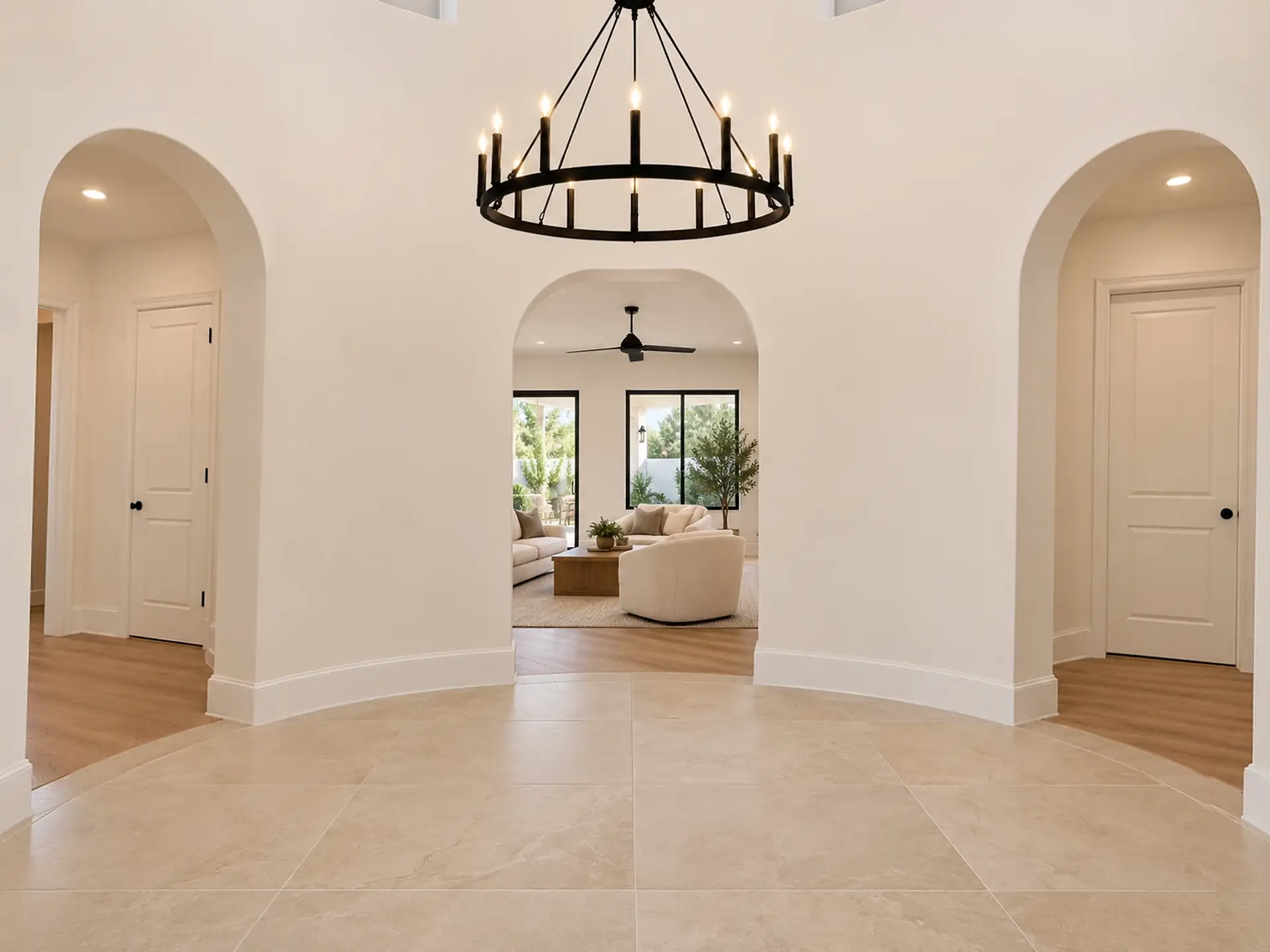 Rendering of the round entry from the front door: curved cream plaster walls under a black wagon-wheel chandelier, a beige stone-look tile floor, and three arched openings: the great room ahead, with its sofas and windows beyond, and a white door through each of the side arches.