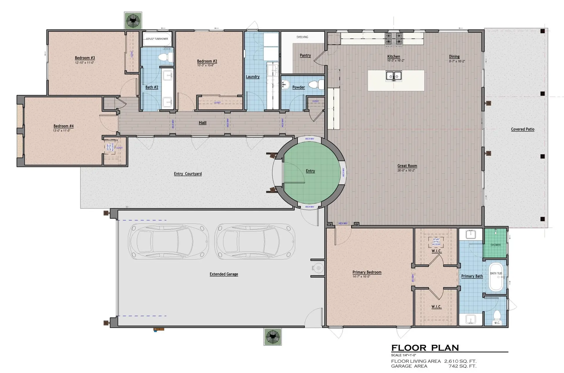 Floor plan of the Spanish Colonial home and garage: the great room with the kitchen, island and dining area beside a covered patio, the round entry off the entry courtyard, the primary suite with two walk-in closets and its bath, and three bedrooms, a hall bath, the laundry, a powder room and a pantry along the hall, with the extended garage beside the courtyard.