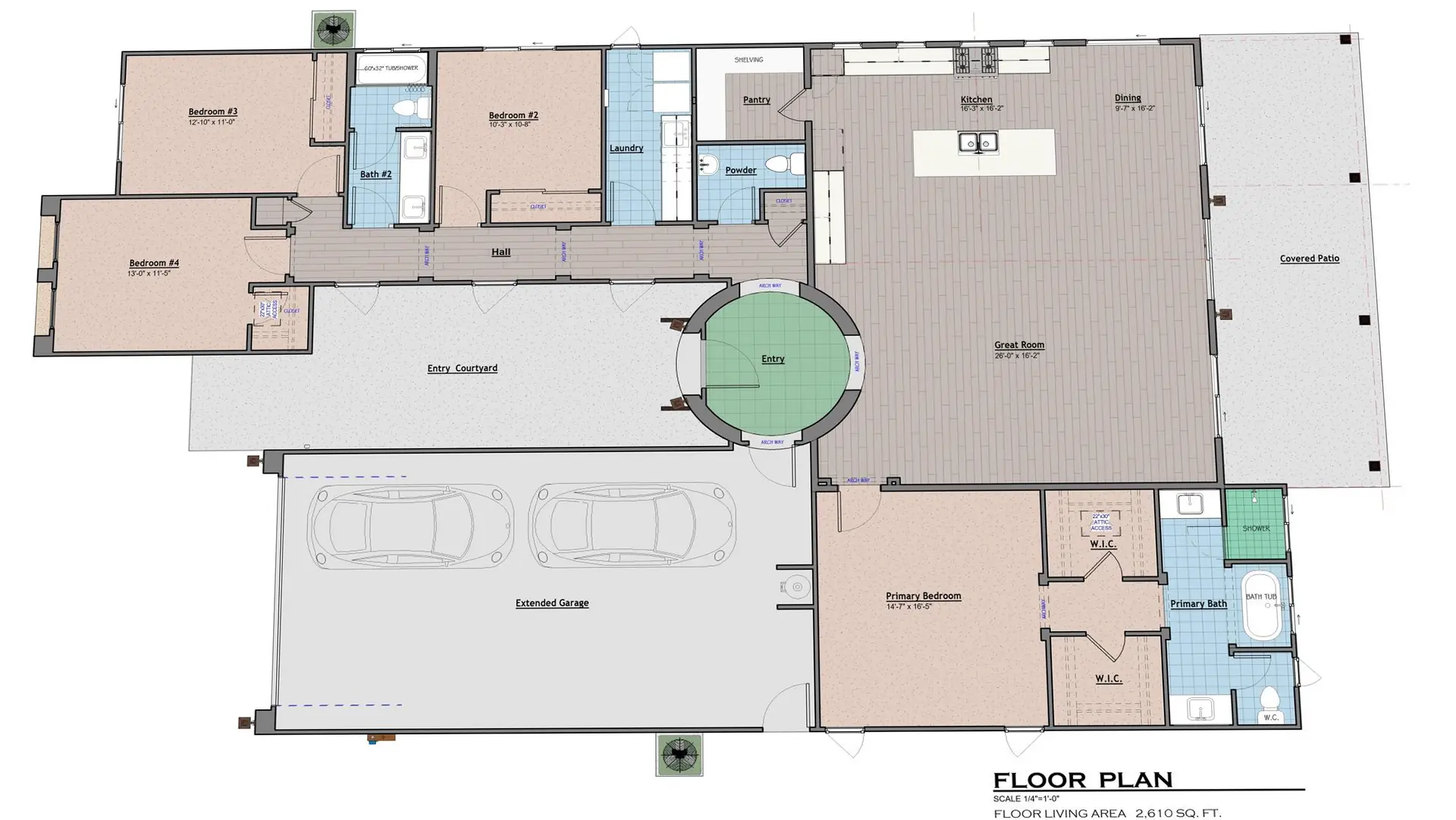 Floor plan of the Spanish Colonial home and garage: the great room with the kitchen, island and dining area beside a covered patio, the round entry off the entry courtyard, the primary suite with two walk-in closets and its bath, and three bedrooms, a hall bath, the laundry, a powder room and a pantry along the hall, with the extended garage beside the courtyard. Lined up on the 3D floor plan.